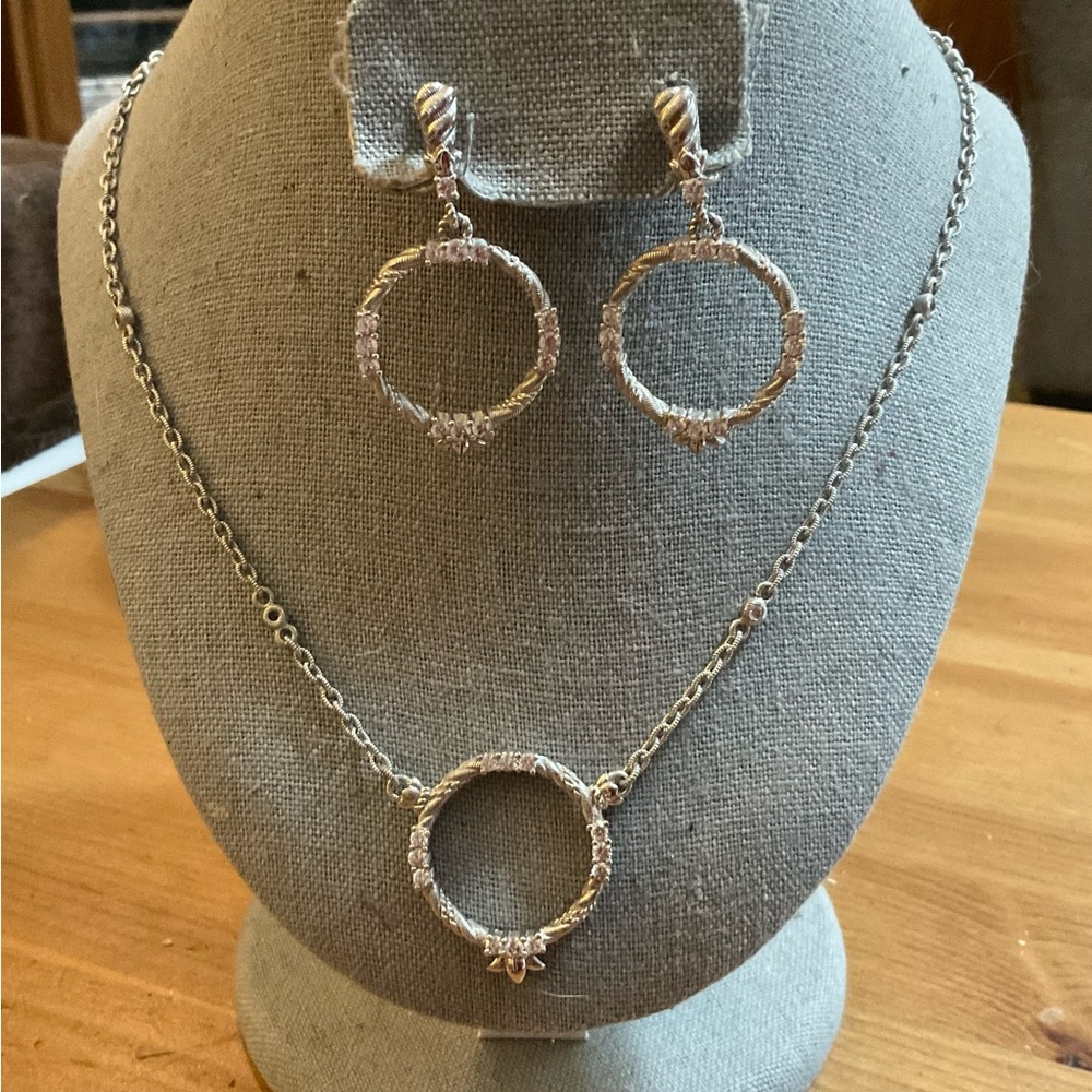 Judith Ripka: Sterling silver earrings  n circle charm attached to 20”chain set.